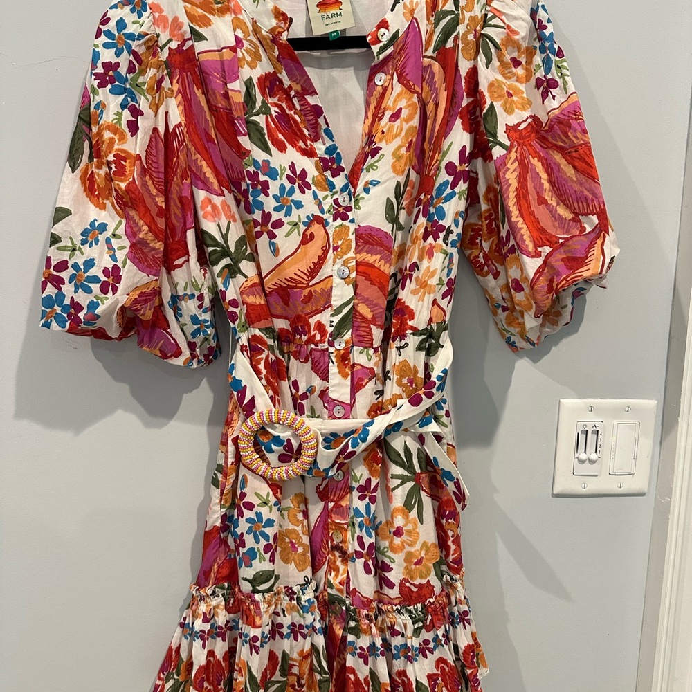 FARM Rio Red Orange Ruffled Wrap Sundress